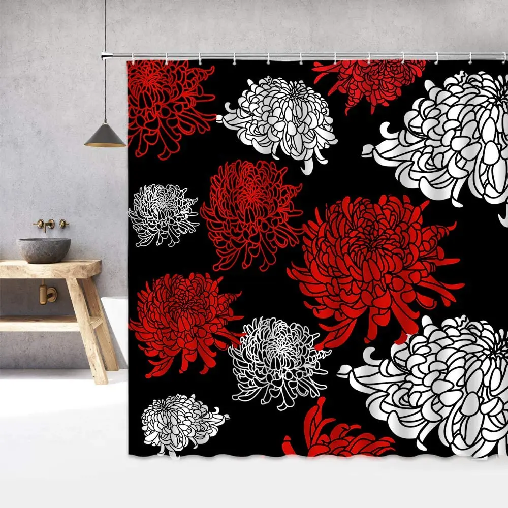 

Красный цветочный занавес для душа, Цветочная ванночка с черным фоном, хризантемы, цветочный винтажный декор, ткань для ванной комнаты с бел...