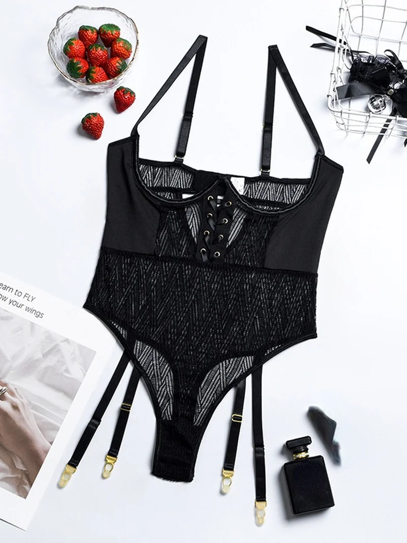 

2022 Hot Sexy Bodysuits Transparent Black Sexy Lace Mesh Exotic Costumes for Women Underwear Erotic Lingerie Catsuit Jumpsuit