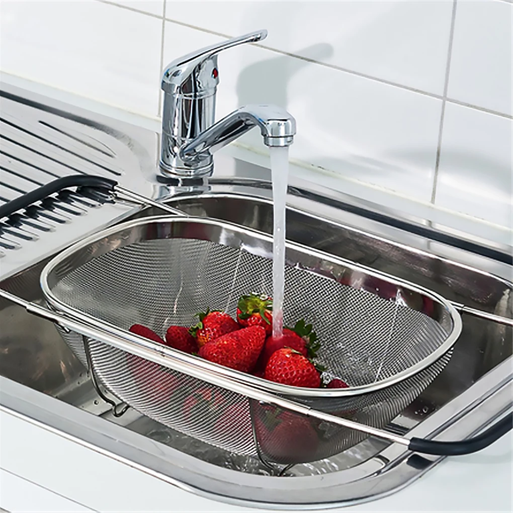 

Stainless Steel Retractable Drain Basket Rubber Grip Handles Oval Colander Sink Vegetables Draining Rack Home Storage Basket