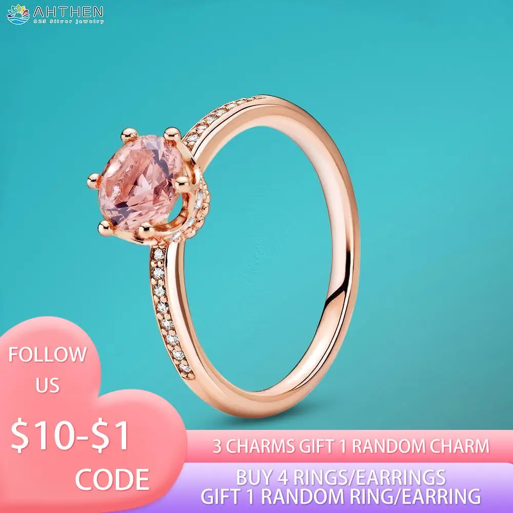 

Ahthen 925 Sterling Silver Ring Pink Sparkling Crown Solitaire Ring Original 925 Silver Women Rings Engagement rings Girl Gift