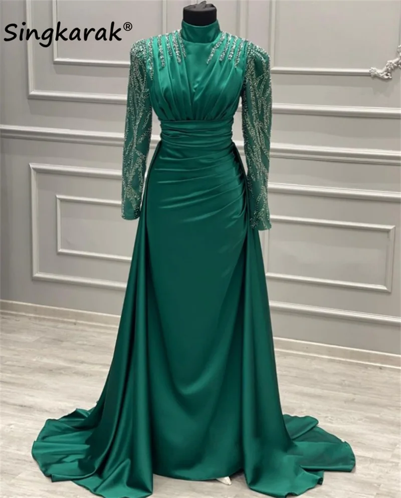 

Luxury Sparkly Beading Arabic Evening Dress 2023 Long Sleeve Pleats Sequins Wedding Party Gowns Prom Robes De Soirée Custom