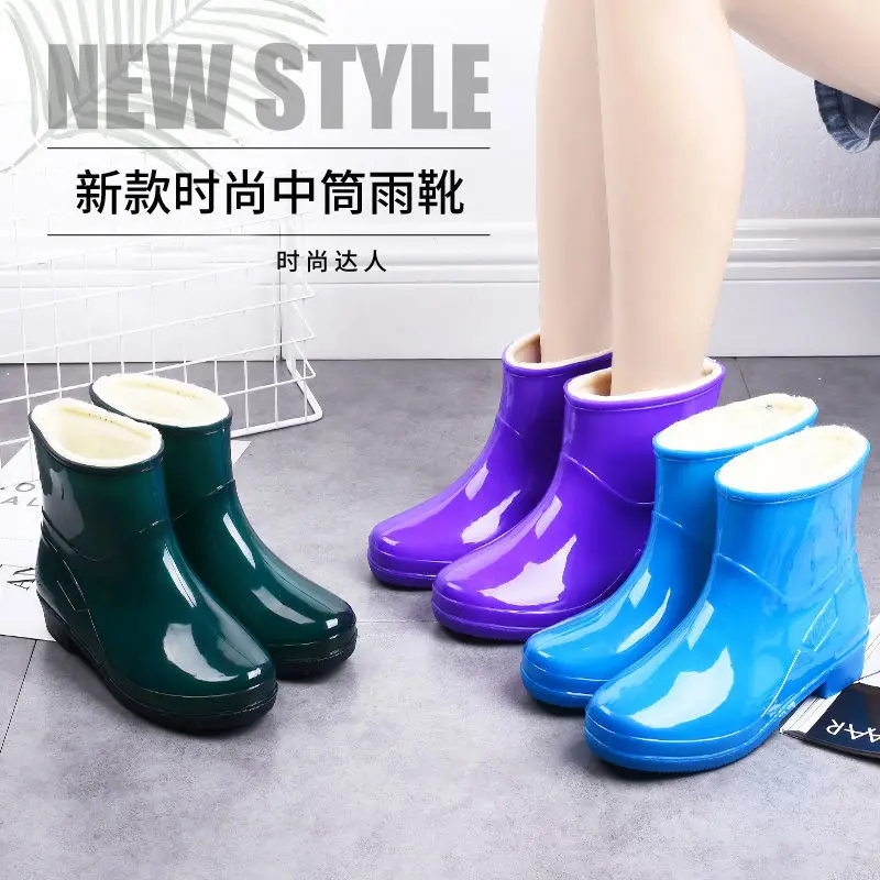 Feerldi Purple Women Waterproof boots Low Heels Colorful Polka Dot Rain for women Plush Warm Water Shoes