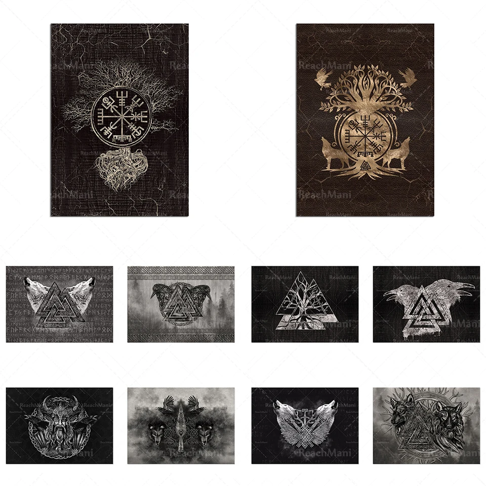 

Valknut symbols and crows and wolves, deer, tree of life, Odin's Gunnir's spear, Thor, Viking compass wall art poster decoration