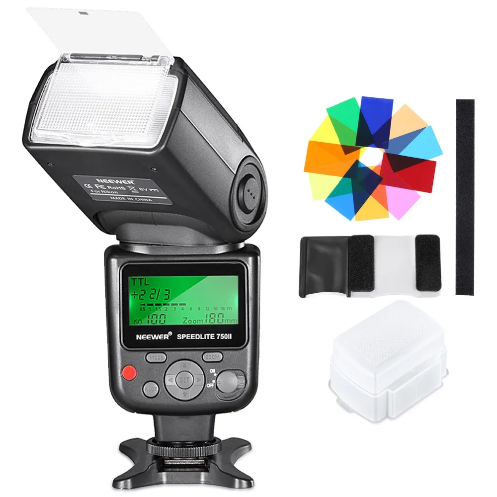 

Комплект вспышки Neewer 750II TTL Speedlite с жестким диффузором 12 цветов фильтры для Nikon D7200 D7100 D7000 D5500 D5300 D5200 D5100