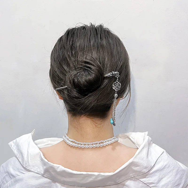 

New Chinese style national tide Hair Jewelry minority style Hanfu palace step shake turquoise hollow flowers tassel hair hairpin