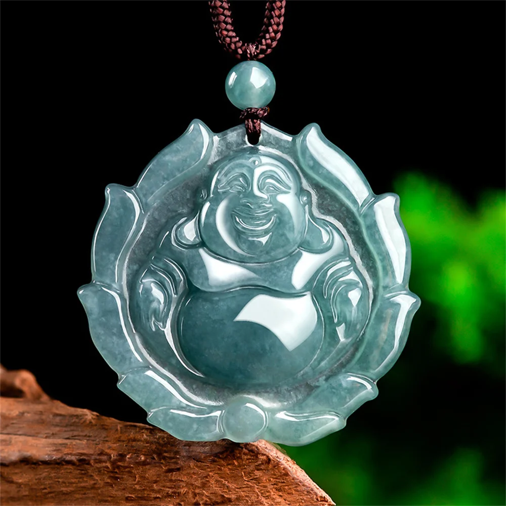 

Natural Ice Green Jadeite Carved Chinese Fire Buddha Totem Pendant Amulet Necklace Certificate Luxury Jade Vintage Gift Jewelry