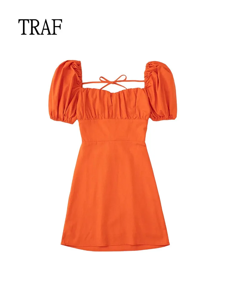 

TRAF Linen Dress Women Summer Fashion Tie Vintage Mini Dress 2022 Square Neck Short Sleeves Backless Female Casual Dresses