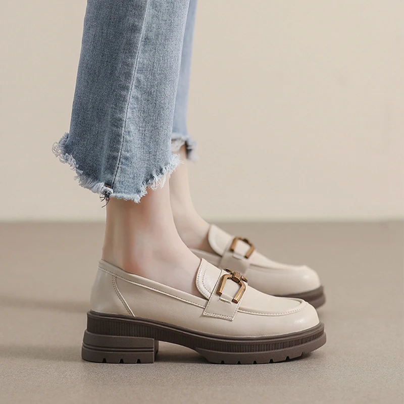 Chunky Loafers Women Microfiber Leather Platform Shoes Round Toe Metal Chain Slip on Ladies 5cm Flats