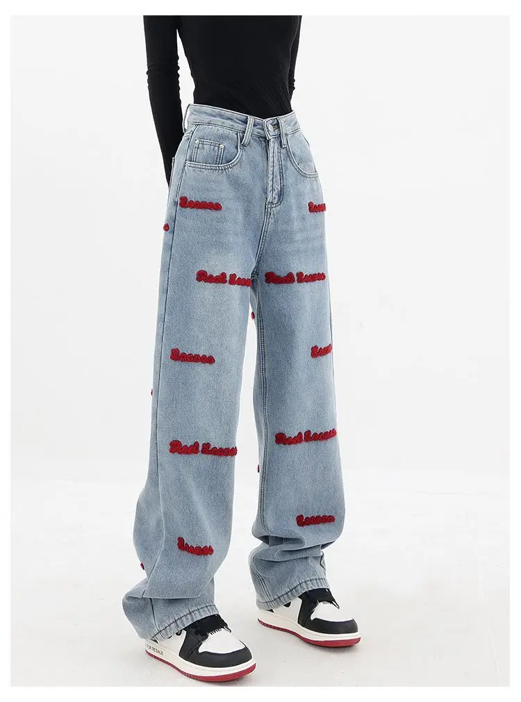 

Джинсы-мешковатые женские с завышенной талией, синие джинсовые брюки с широкими штанинами, свободные прямые С Вышивкой Букв, уличная одежда Y2k