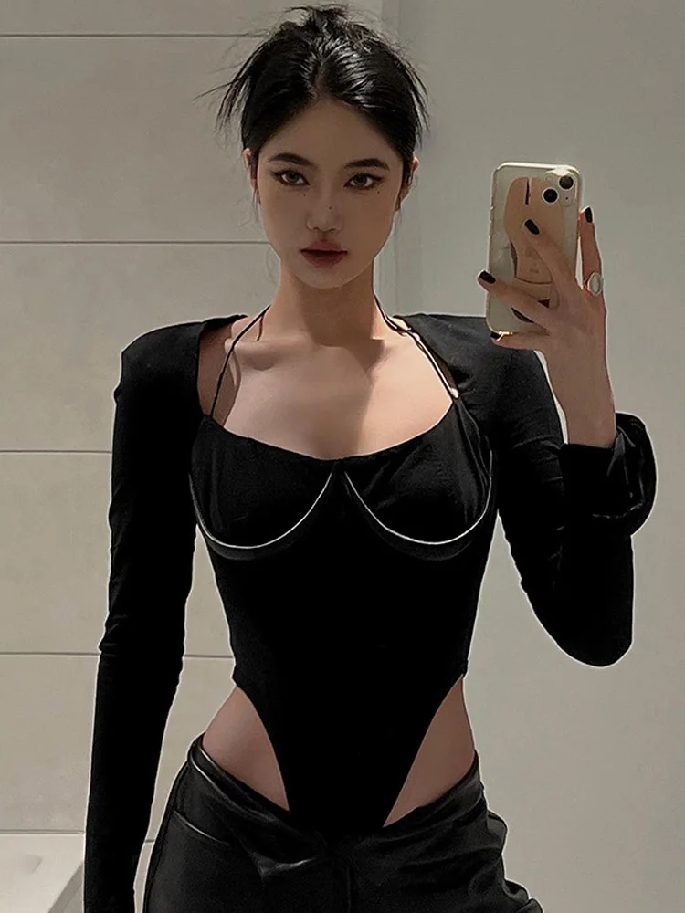 

Black Solid Lace Up Silm Fit Sexy Bodysuit For Women Clothes Long Flared Sleeve Pullover Mujer Streetwear Fashion Ropa Aesthetic