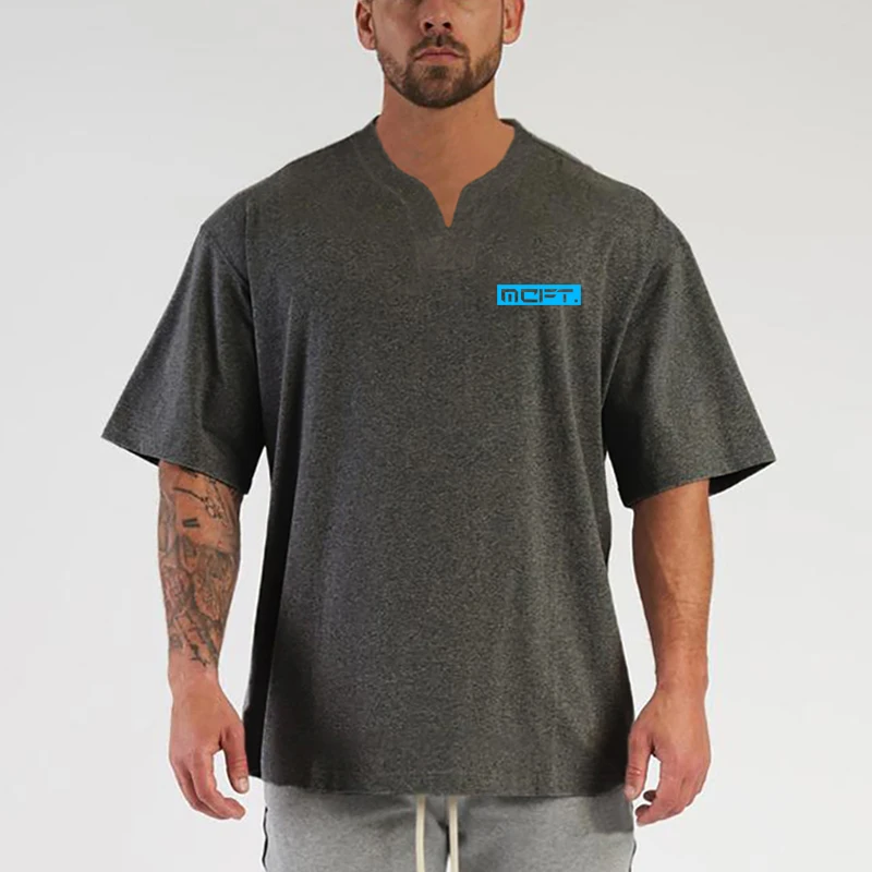 

2022 Summer Men's V-neck T Shirt Casual Loose Cotton Short Sleeve T-Shirt Mens Top Tee shirt Men Gym Bodybuilding Running