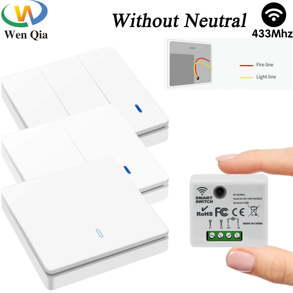 Mini Smart Switch Without Neutral 433MHz Remote Control Light Switch Rf Wireless Wall Switch 220V 130W Relay Module for Lamp Fan