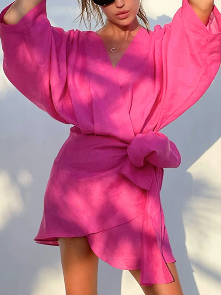 

Женское асимметричное платье на шнуровке LY VAREY LIN, повседневное однотонное платье-кардиган с V-образным вырезом и рукавами-фонариками для ле...