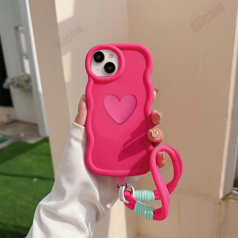 On Huawei Magic 5 6 Lite 9X Y9S Honor X6 X7 X8 X6A X7A X8A X9A X7B X8B X9B 90 With Lanyard 3D Love Heart Wavy Silicone Case
