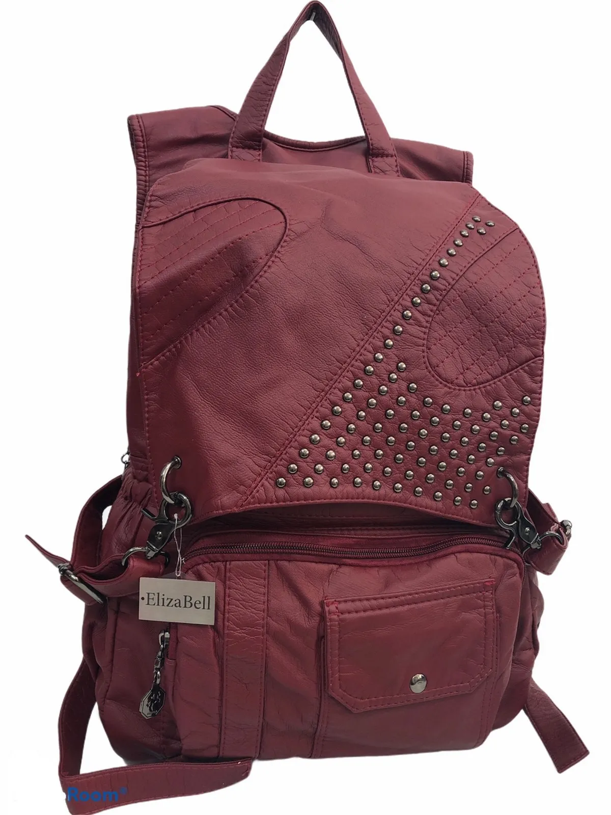 

Big bag washed leather backpack clamshell staples size 42 cm32cm burgundy