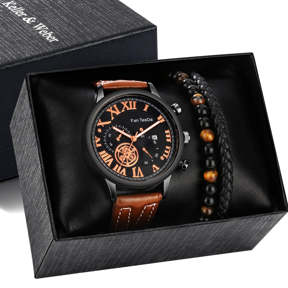 

Luxury Brown Leather Watch for Men Fashion Casual Calendar Quartz Wrist Watch Bracelet Set Gift for Boyfriend Reloj Hombre