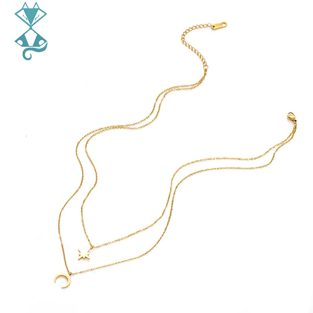 

Star Moon Double Layer Necklace For Women Fashion Titanium Necklace 14K Gold Exquisite Clavicle Chain Necklaces Jewelry