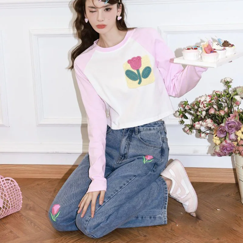 Женские объемные джинсы со стразами женские весенне-осенние брюки с высокой