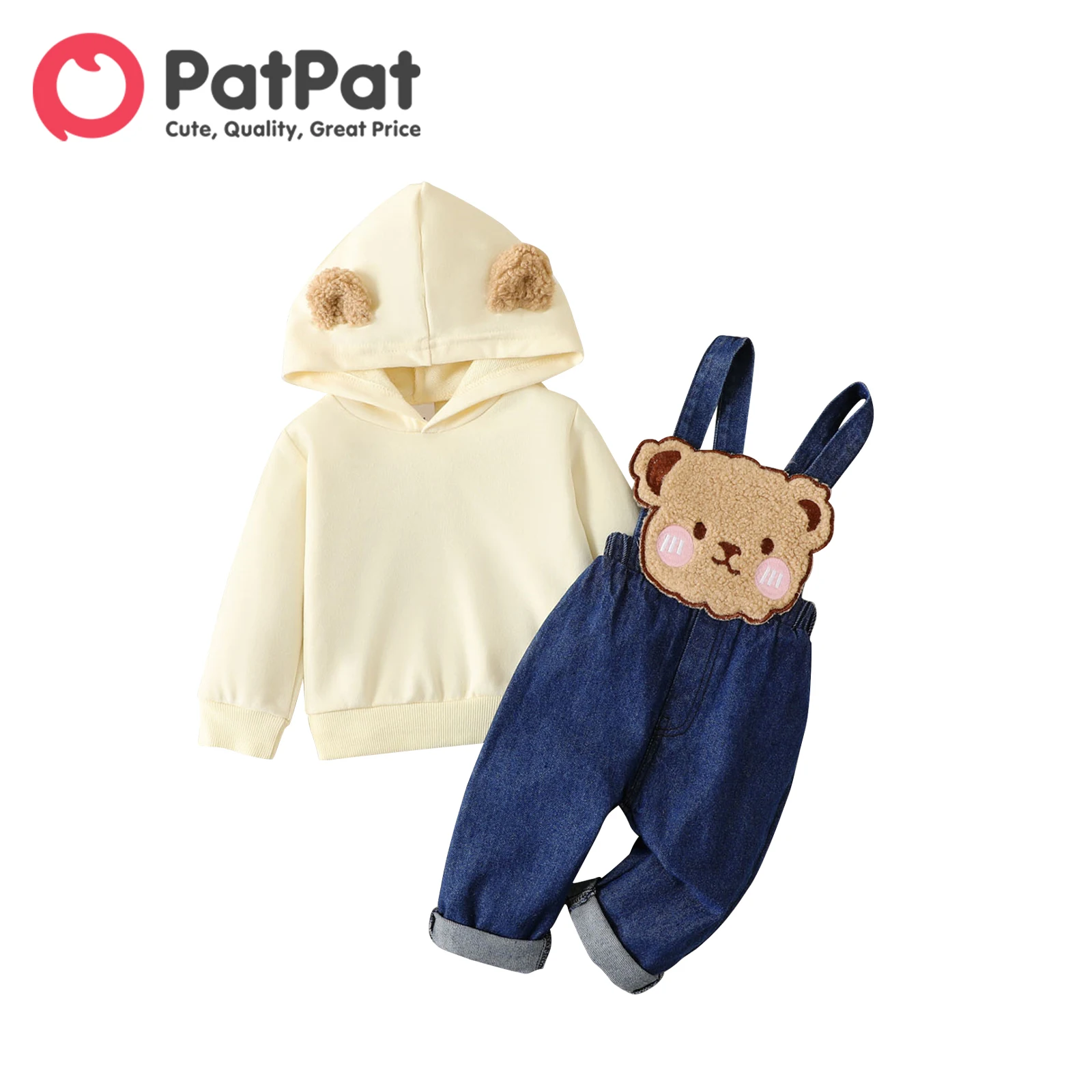 

PatPat 2pcs Baby Boy/Girl 100% Cotton Bear Embroidered Denim Overalls Solid Long-sleeve 3D Ears Hoodie Set