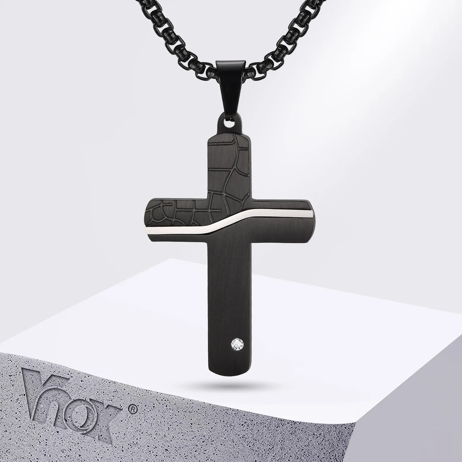 Фото Vnox индивидуальные ожерелья с подвеской в виде креста для мужчин, улучшенные утолщенные ожерелья с крестом из нержавеющей стали и текстурой карты, воротник с религией Христовой №1