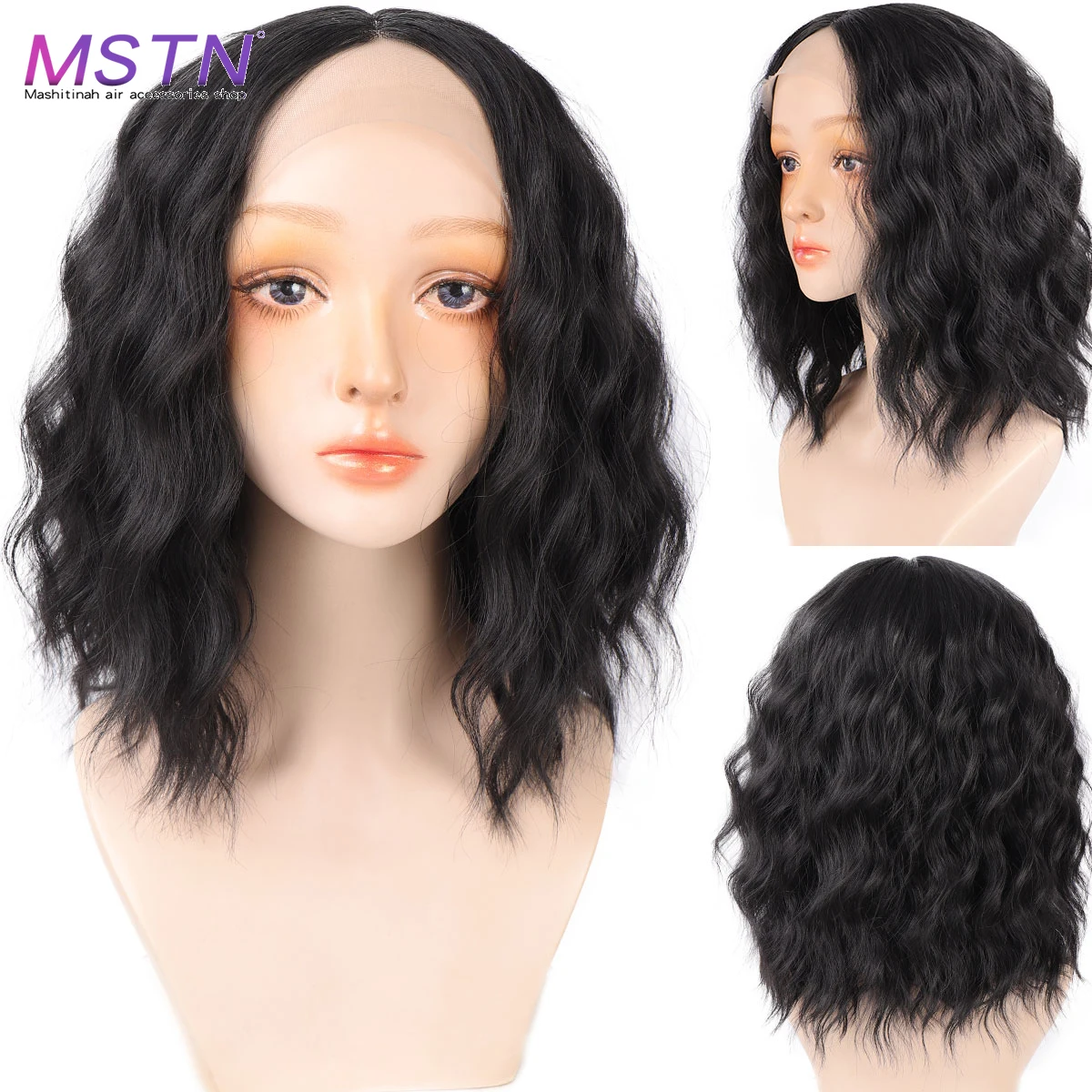 MSTN Synthetic Short Wavy Lace Wig High Temperature Fiber Fake Hair Lace Part Natural Black Middle Part Wigs Daily Use for Women