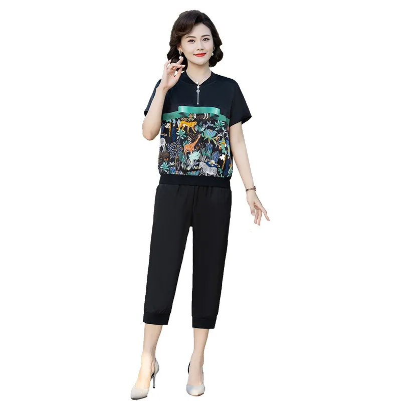 

Female Office Suit Set imitation silk patchwork Print Shirt Tops + cropped pants Suits Womens Summer Casual 2 Piece Sets