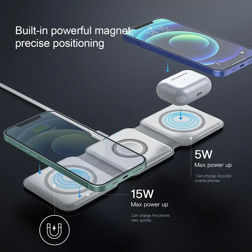 

3-in-1 Wireless Charger Magnetic Foldable Charging Station Multi-function Fast Charging Pad For Watch Headphone