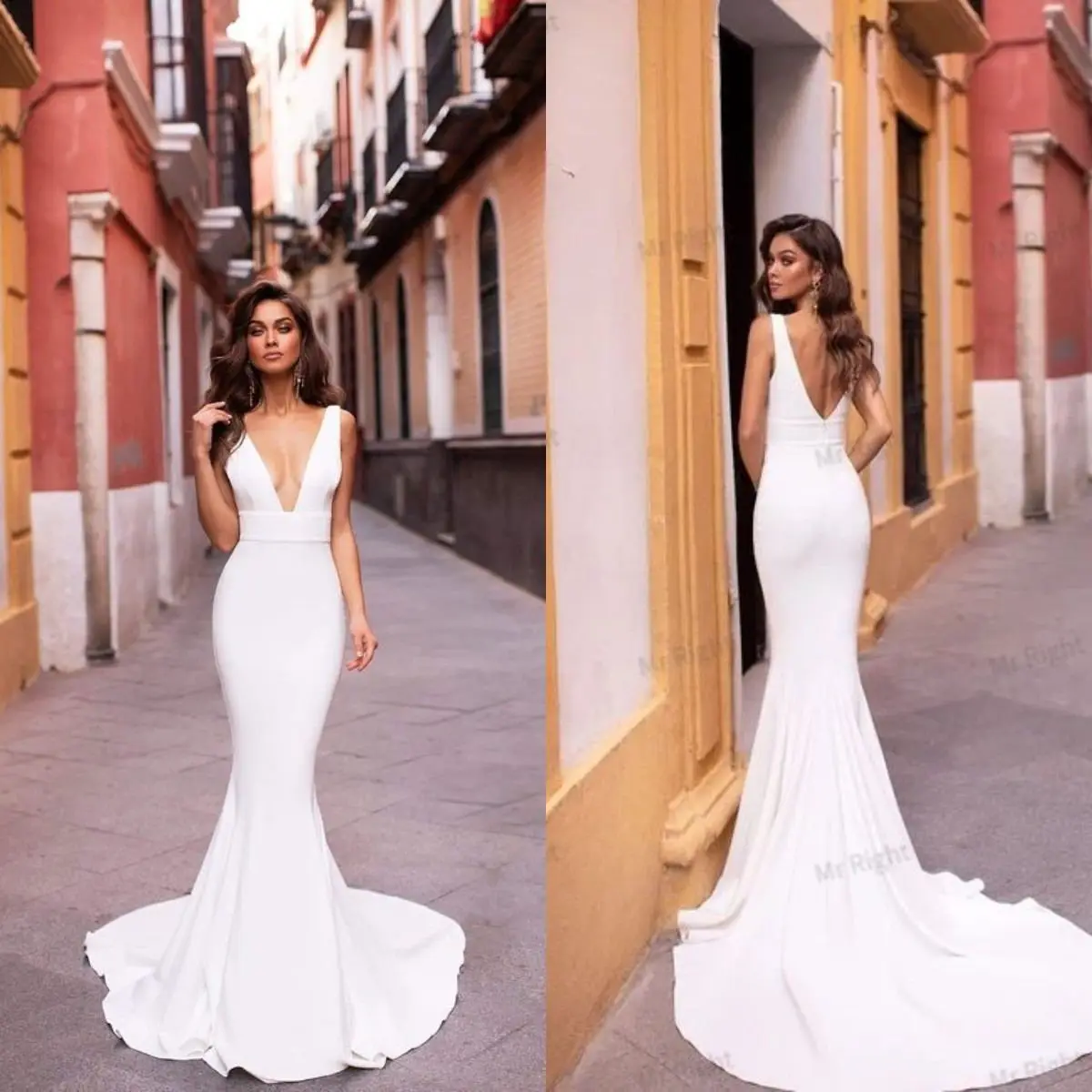 

Sexy Deep V Neck Satin Mermaid Wedding Dress 2022 Simple Backless Sweep Train Bridal Gown