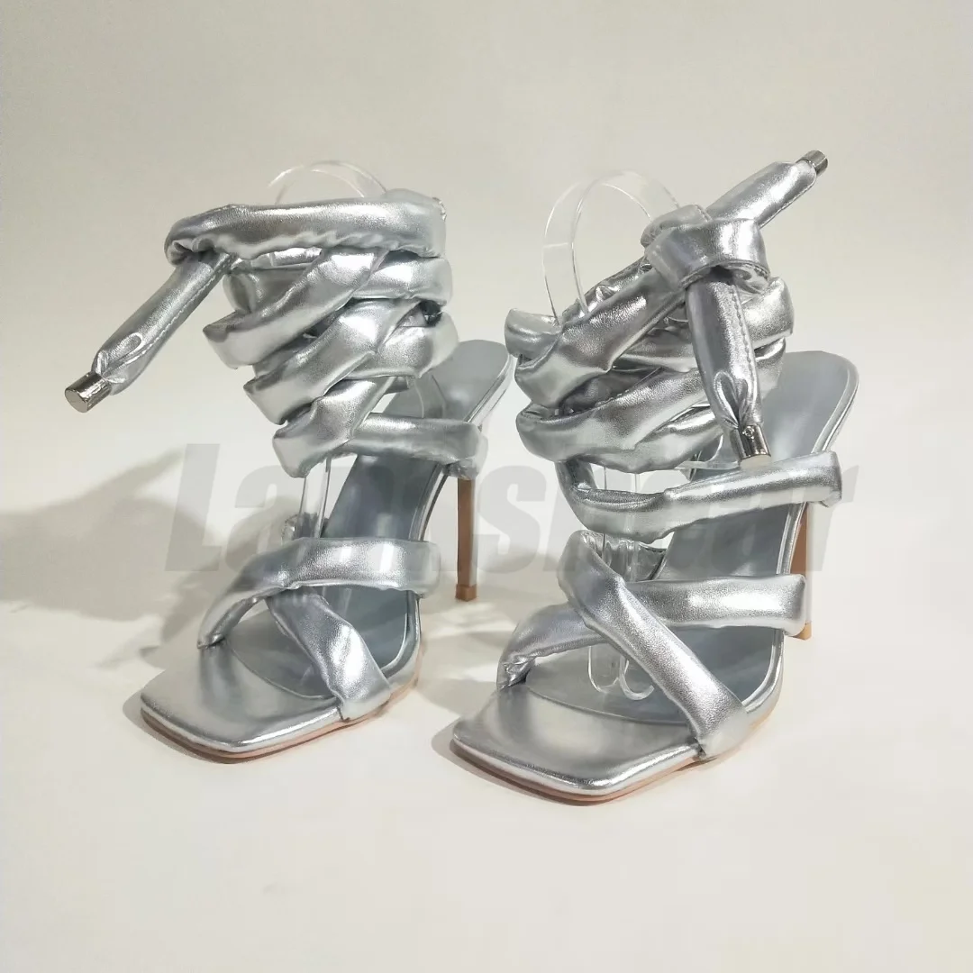 Grey Ring with Super High Heel Cross Strap Sandals Square Toe Stiletto Women's Sandals Foot Fashion Catwalk Sandals Women