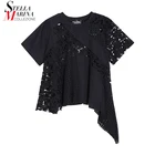 Новинка; Женская однотонная черная футболка с короткими рукавами; Асимметричная футболка с кружевом в стиле пэчворк; Необычная футболка для девочек; Уникальный Повседневный стиль; Футболка; 8487