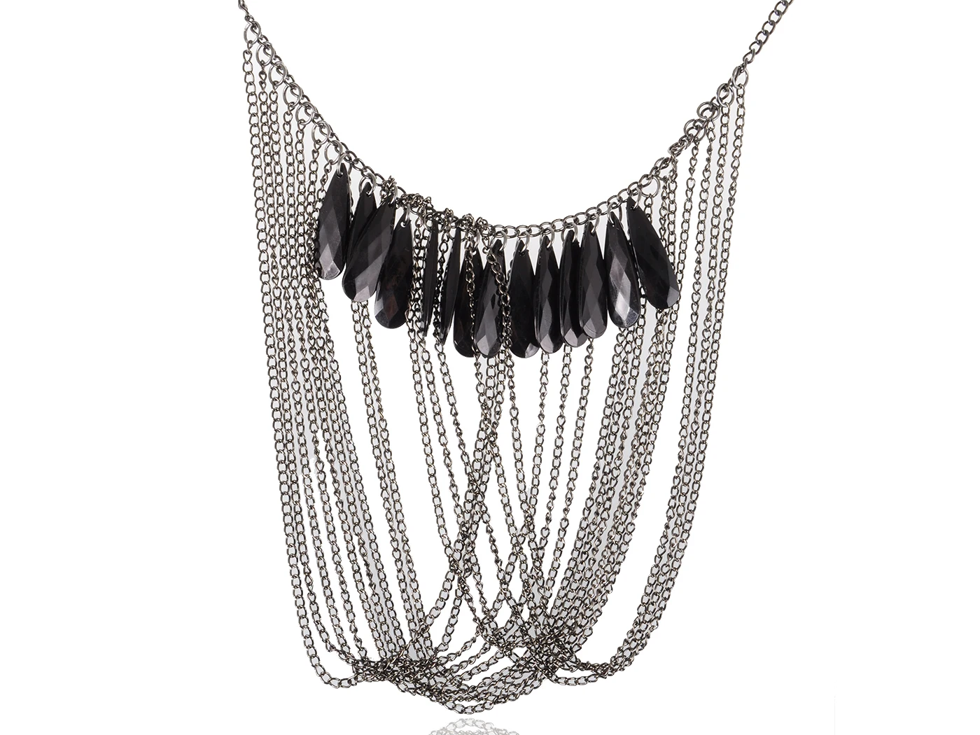 

Grey Gunmetal Cascading Strands Chains with Black Bead Stones Necklace