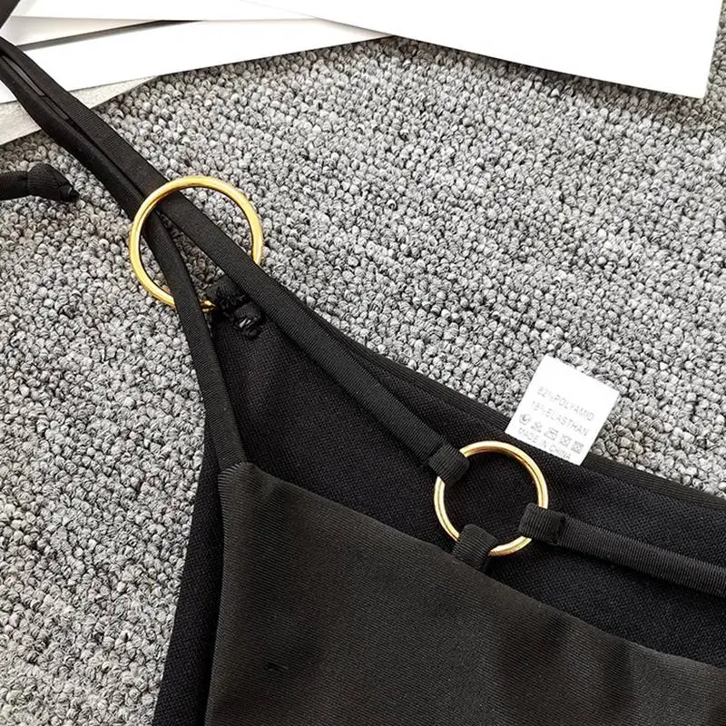 Черный купальник женское сексуальное Бандажное бикини с лямкой на шее микро