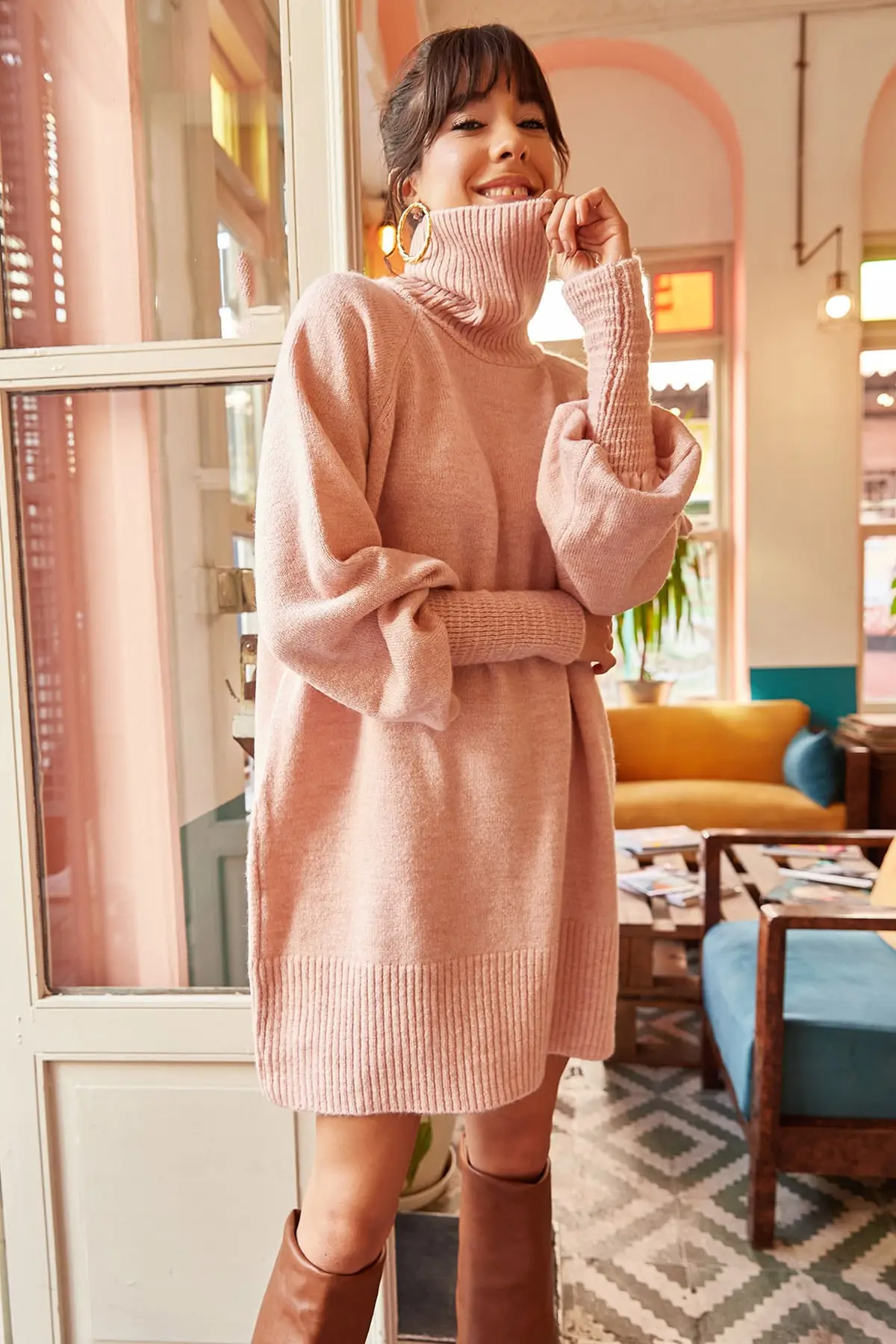 Women Powder Turtleneck Balloon Sleeve Temporary Shed Knitwear Dress ELB-19000867 Long Basic Cool Comfort Pink Mini Solid Oversize Sweater