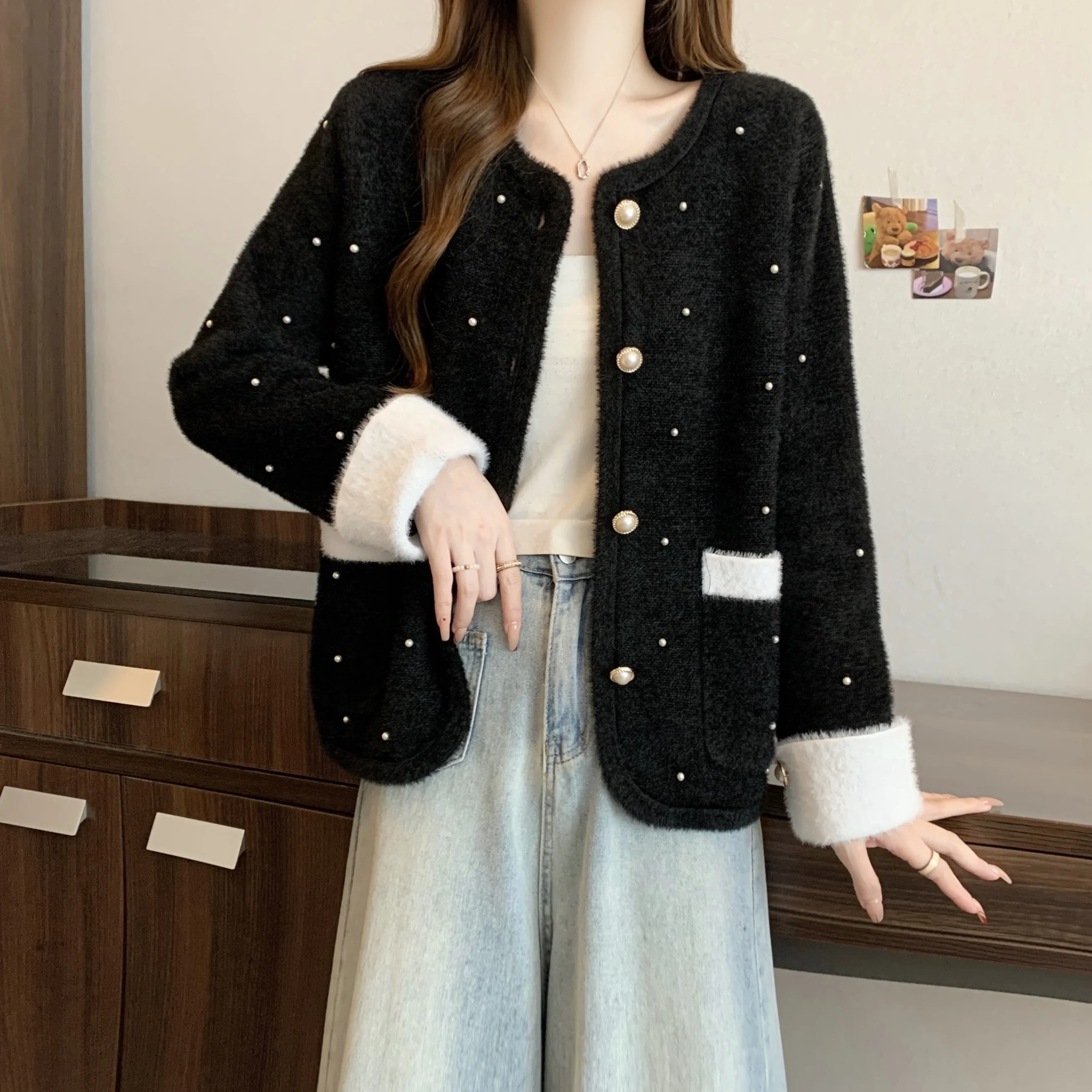 Изящный вязаный кардиган с жемчужным дизайном для женщин новинка 2024 осень