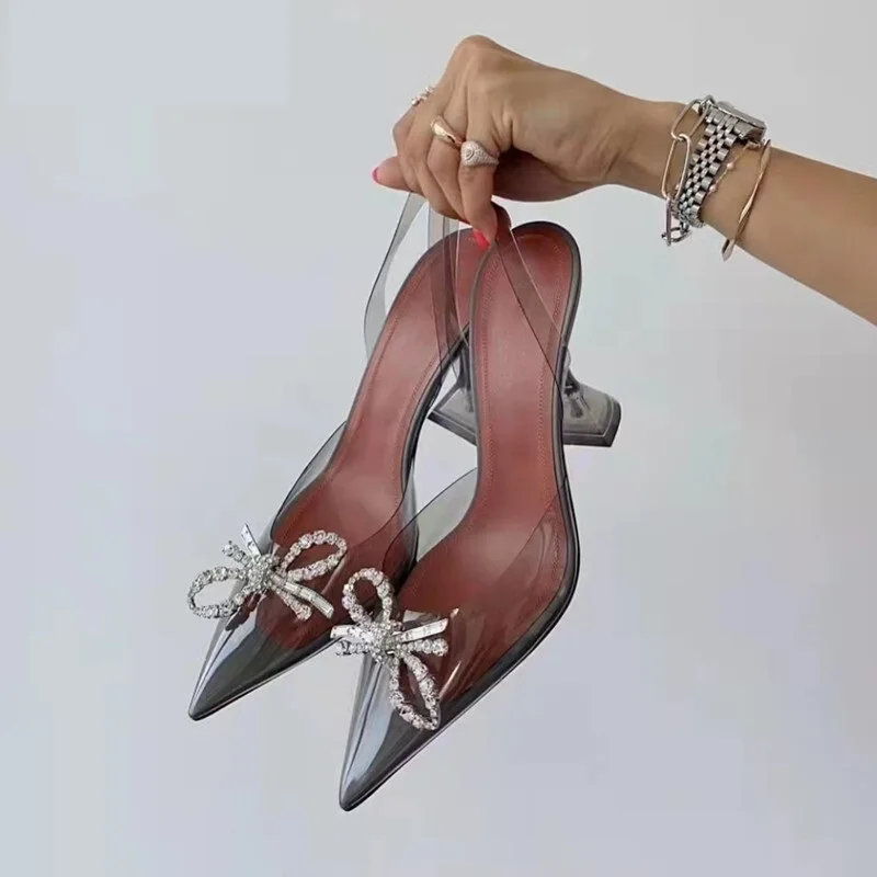 

Zapatos de tacón alto con diamantes de imitación y lazo para mujer, calzado Sexy de PVC transparente, para boda y verano