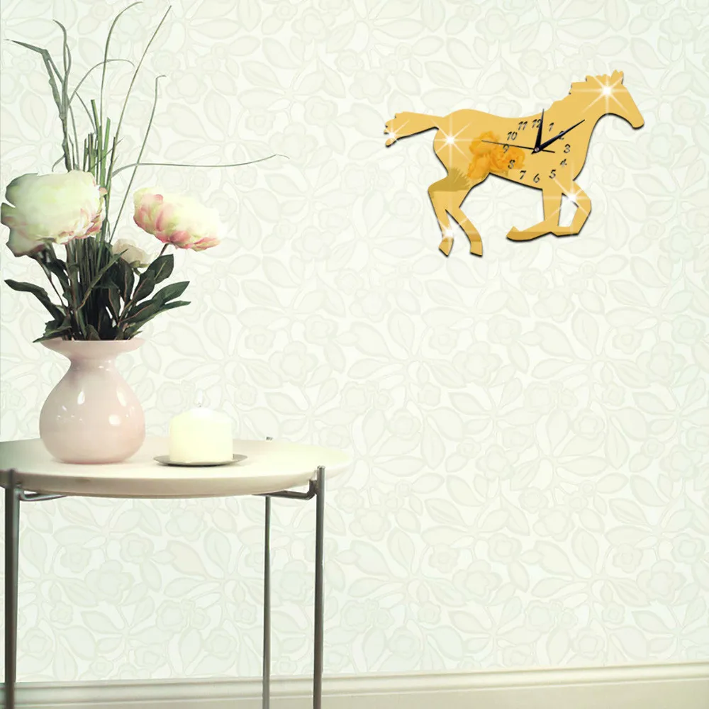 Horse Riding Silhouette DIY Wall Art Mirror Stickers Stallion Portrait Giant Wall Clock Frameless Wall Watch Equestrian Decor