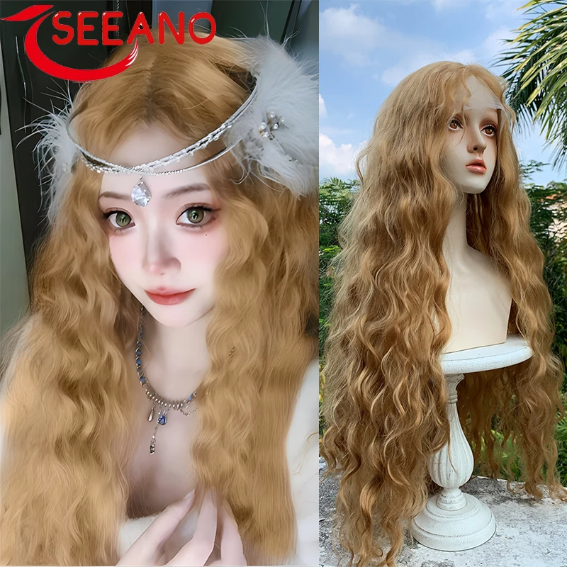 

SEEANO Synthetic Middle T Part Lace Wig Long Wavy Curly Ombre Blonde Cosplay Wig Daily Party Halloween Lolita Lace Wig Female