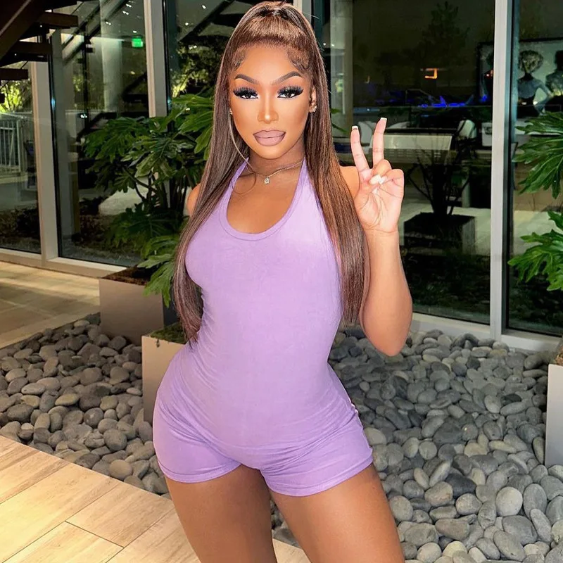 

Woman Halter Sleeveless Short Jumpsuit Solid Color U Neck Backless Bandage Casual Playsuit S-L