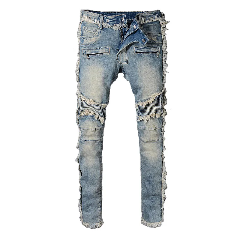 

Men's Fashion Style Streetwear Distressed Slim Fit Ripped Raw Hem Skinny Stretch Tapered Ribs Patches High Quality Bikers Jeans
