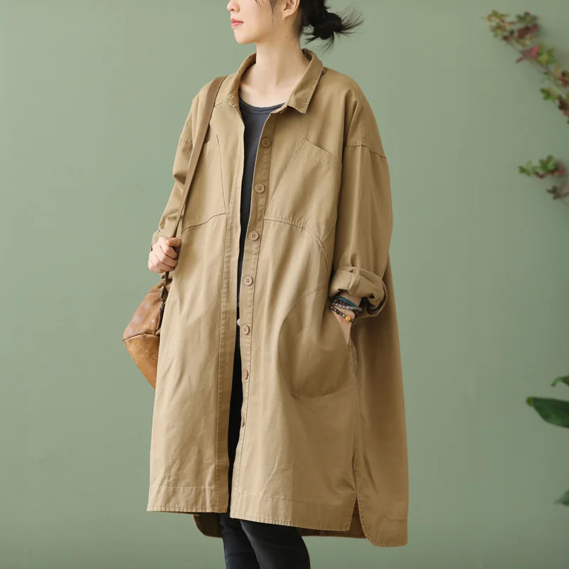 

Spring Autumn Loose Trench Coat Women Lapel Single Breasted Windbreaker Simple Casual Solid Color Women Long Overcoat Female