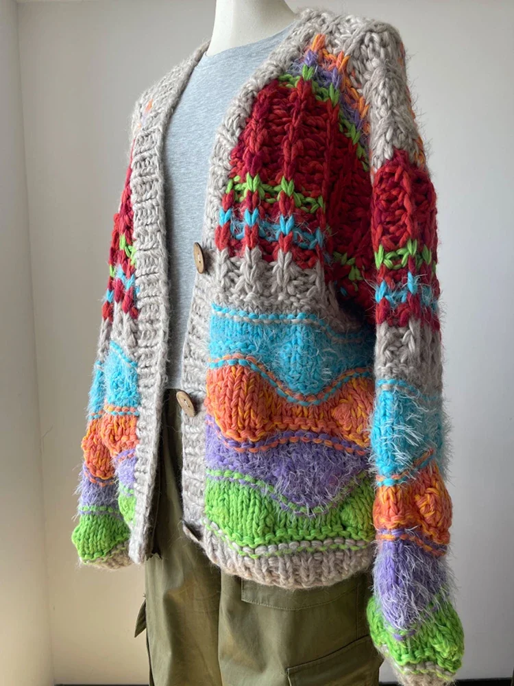 Массивный кардиган женский свободный трикотаж ручной работы осень 2024 нишевый