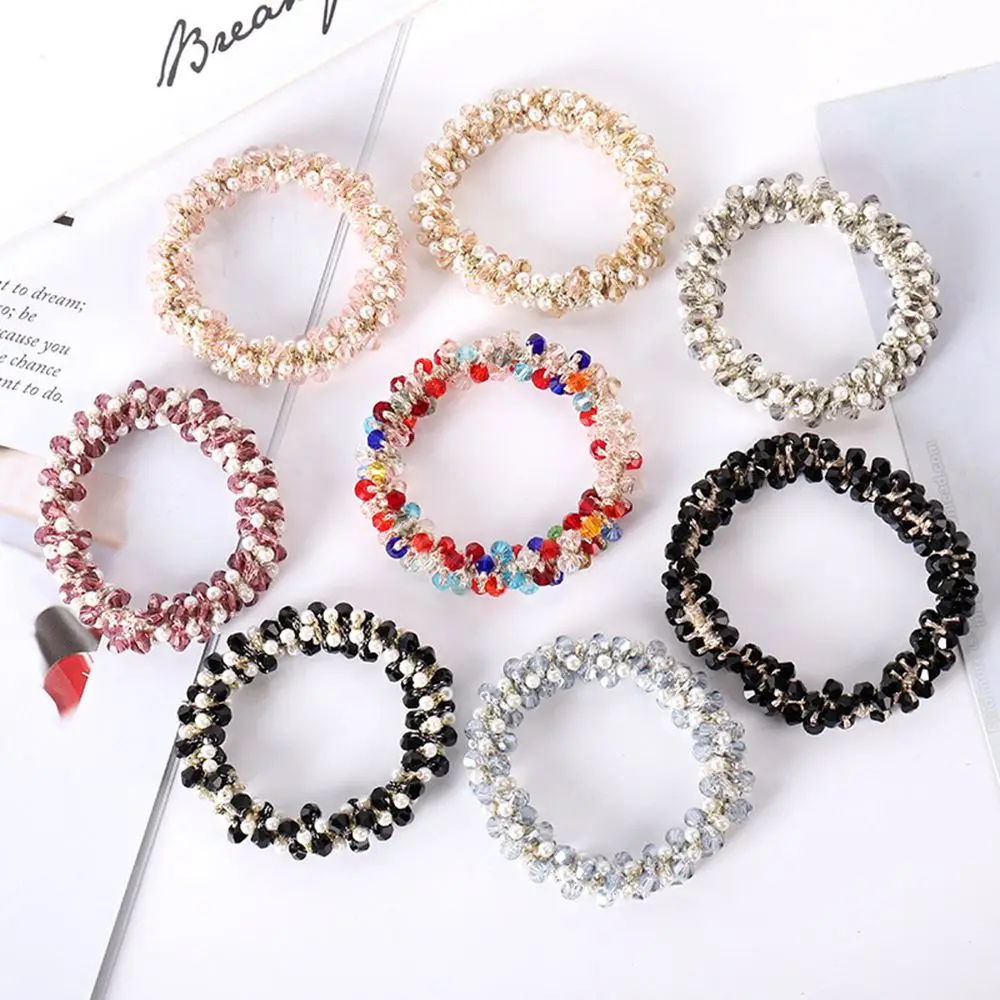 

50Pcs Fashion Women Crystal Pearls Hair Rope Handmade Elastic Beaded Ponytail Holders Hair Ties for Girls Sweet Hair Accessories