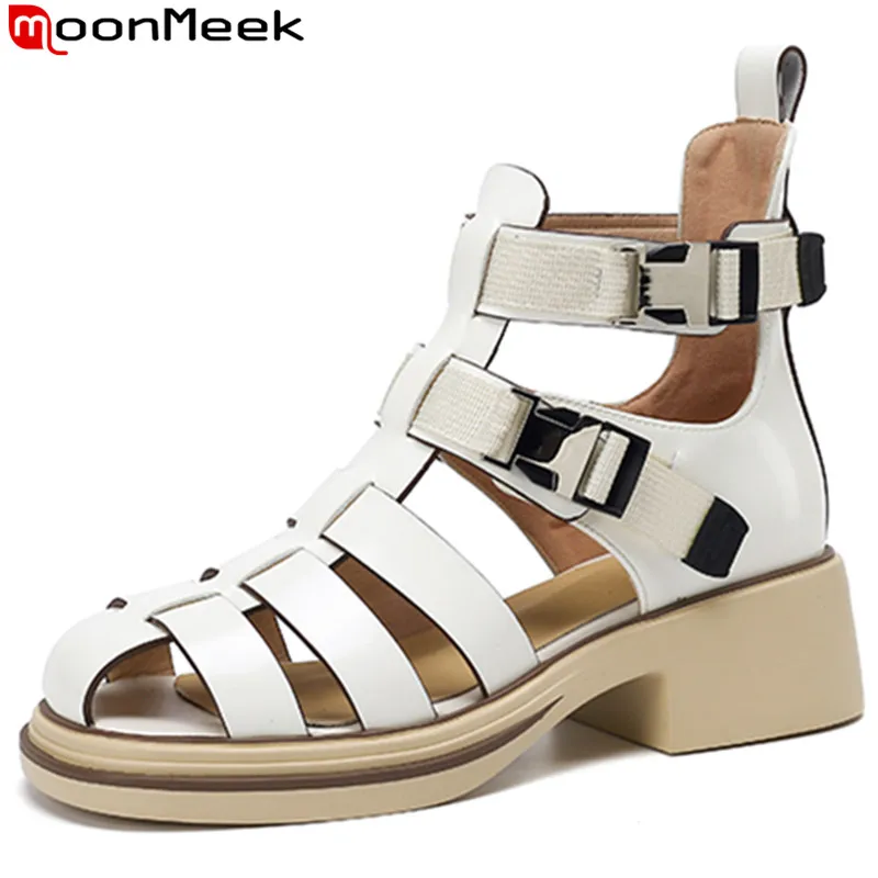 

MoonMeek 2022 New Arrive Genuine Leather Fashion Sandals Woman Square Med Heels Shoes Ladies Unique Dress Shoes