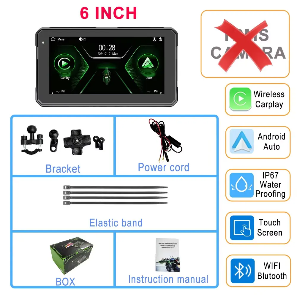 

6-дюймовый навигационный мотоцикл, беспроводной Carplay дисплей, мотоциклетный монитор, Android Auto, GPS, мотор, видеорегистратор, монитор AMP TPMS, опционально