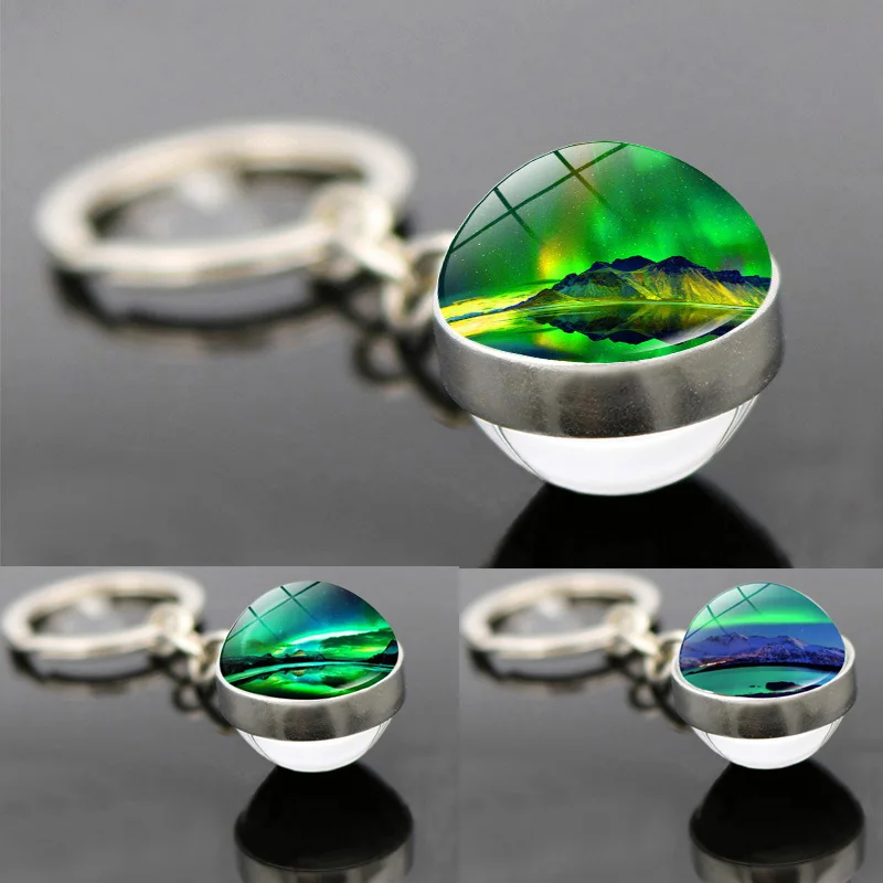 Северное сияние Аврора брелки двусторонний стеклянный шар с кабошоном кулон