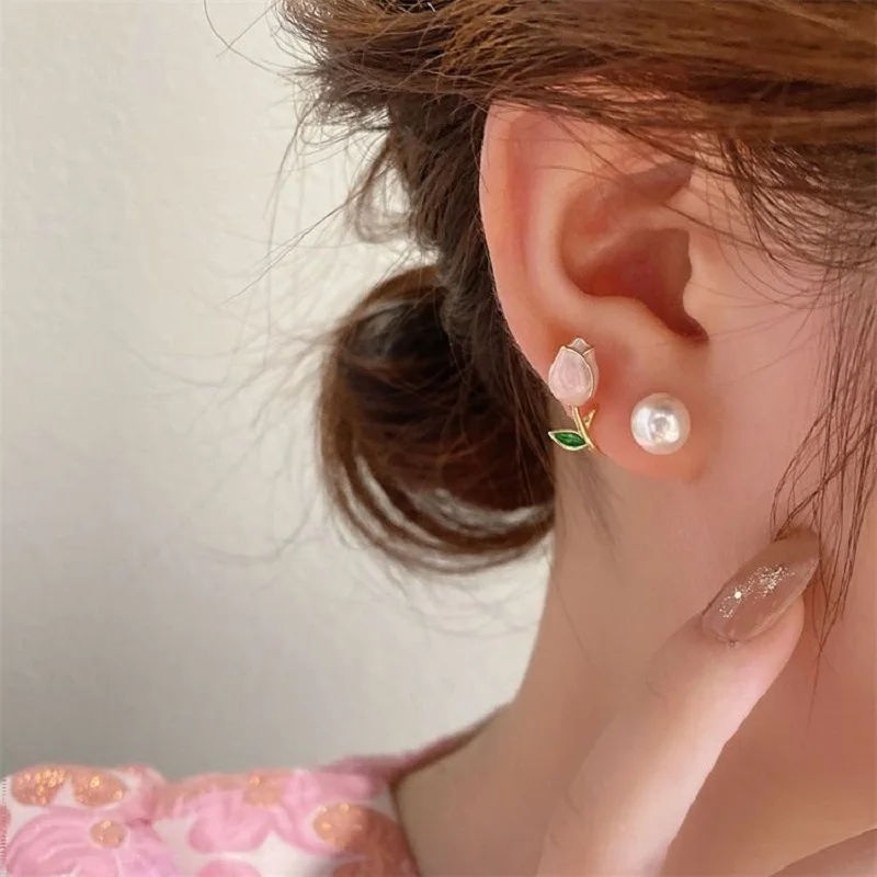 

2023 Fashion Tulip Pearl Stud Earrings Jewelry 14K Gold Plated Oil Drop Pearl Pink Flower Earrings For Women Gift