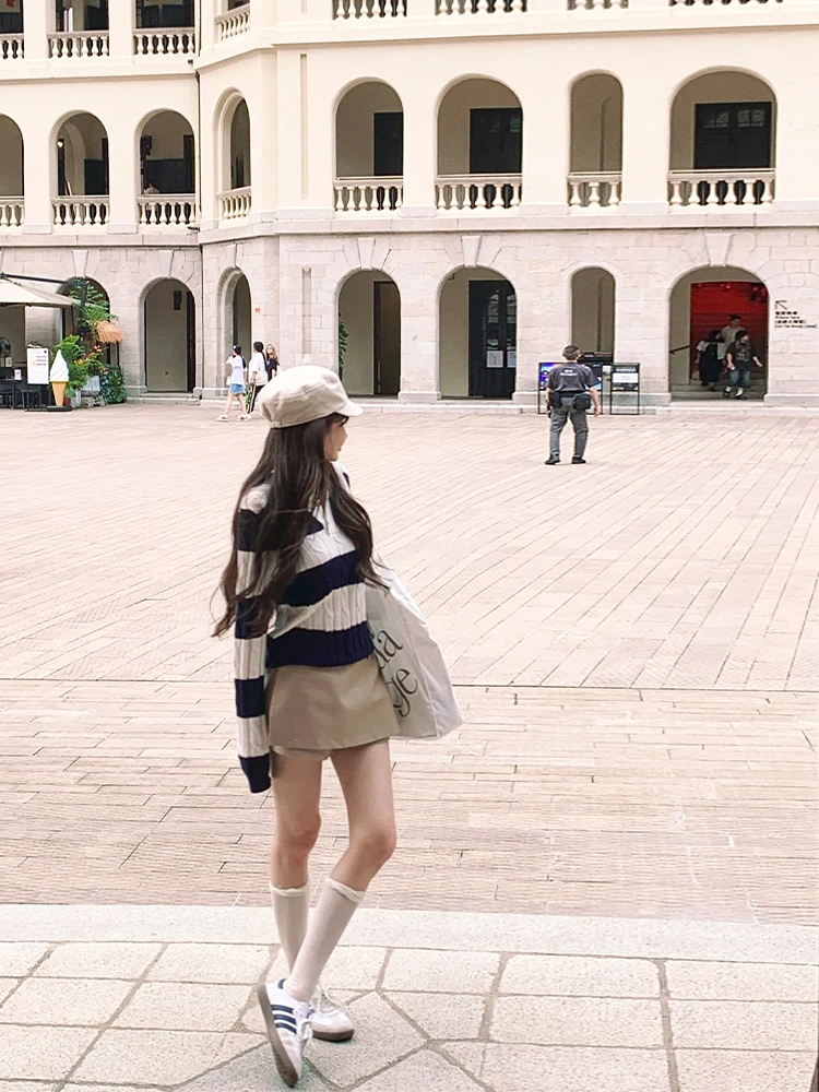 Bigking Daikin Preppy Knit Женский многослойный топ в полоску контрастного цвета с