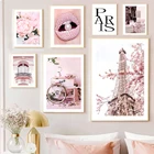 Настенная картина в скандинавском стиле с изображением Парижа, башни, кафе, розовых цветов, духов, губ