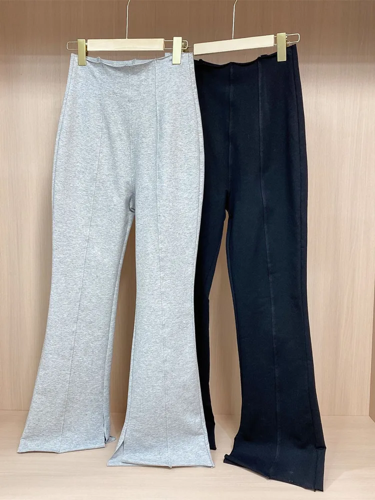 Women Gray Black Casual Trousers 2022 Spring New Female Simple Slit Mopping Flared Pants