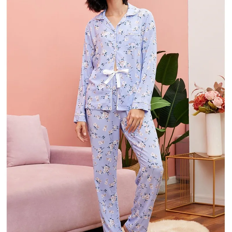 100% Viscose Sleepwear WInter Women Pajamas Set Two Pieces Set Pajamas Pjs Full Sleeve Flower Print NIghtwear Pijamas